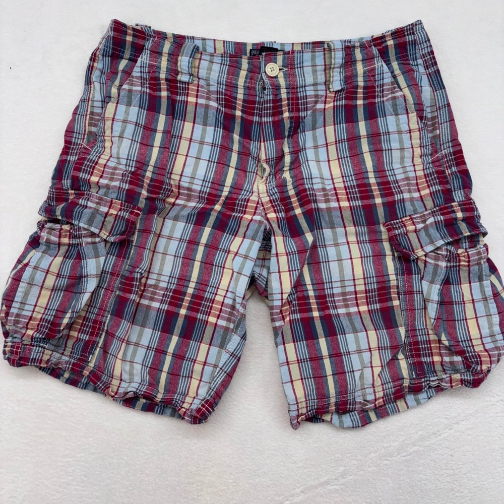 Polo Jeans Co Ralph Lauren Mens 34 Plaid Cargo Shorts Red Blue Cotton 725477